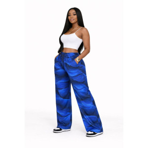 Blue Printed WideLeg Pants Drawstring Waist Casual Trousers